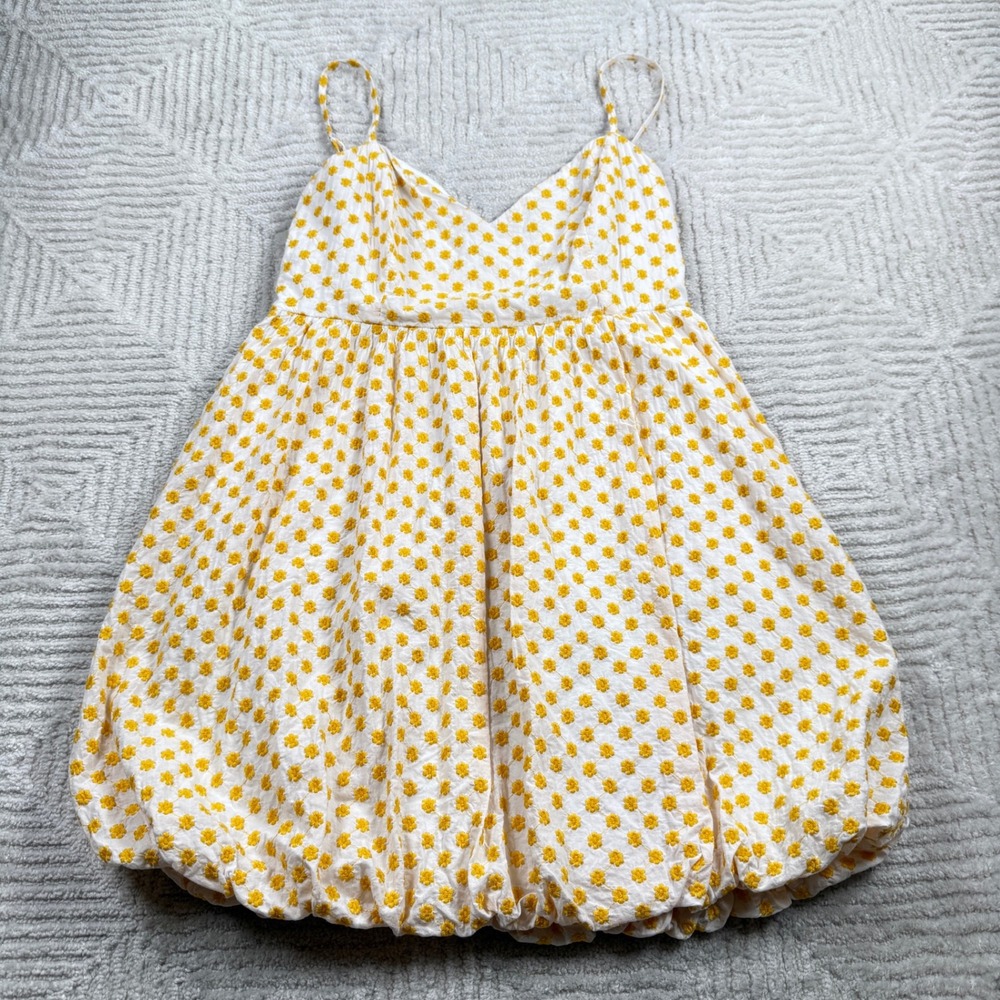 day + moon Bubble Mini Dress Women's Large Yellow Floral Smocked Bubble Coquette